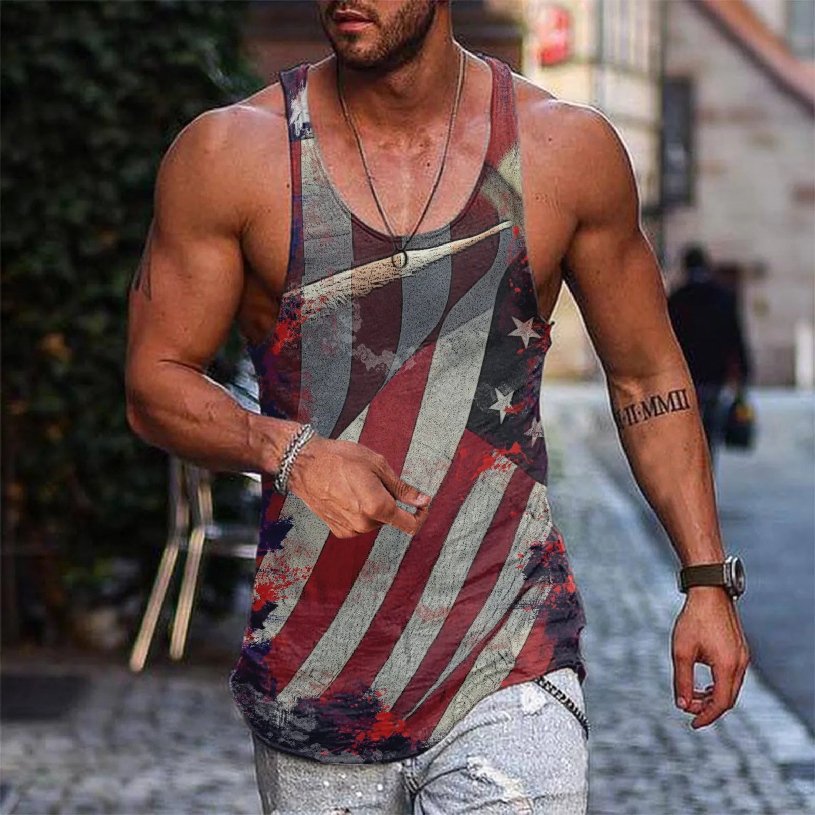 Men Summer Tank Tops Vests Casual Beach O Neck American Flag Printed