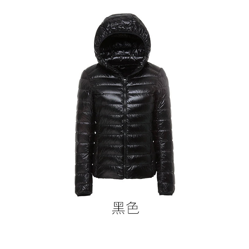 Women's Hooded Down Jacket Lightweight Short Slim White Duck Down Ladies' Jacket