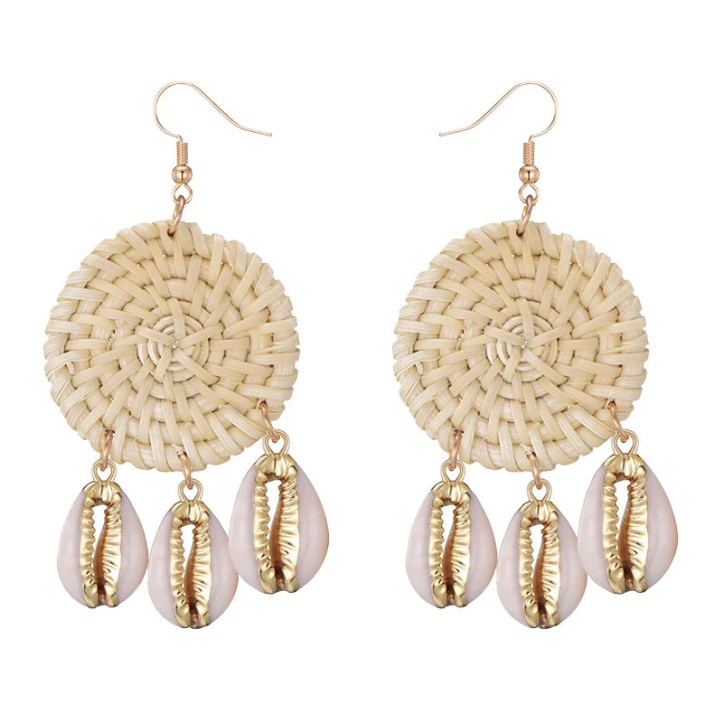 New Beach Sea Natural Shell Charms Bamboo Braid Drop Earrings Bohemian Rattan