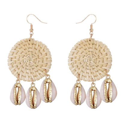 New Beach Sea Natural Shell Charms Bamboo Braid Drop Earrings Bohemian Rattan