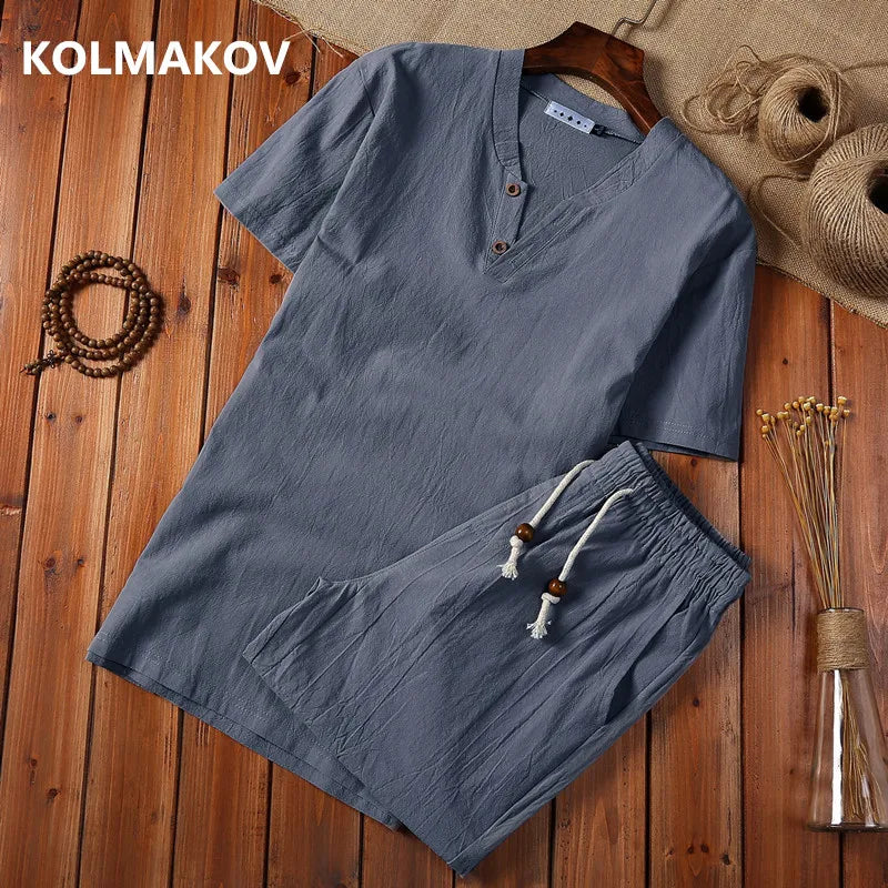 (Shirt + Shorts) 2021 Summer Fashion Men Shirt Cotton and Linen