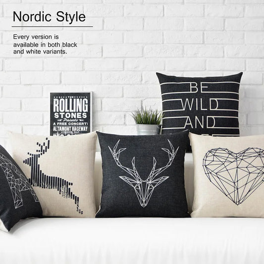 Black White Deer Pillow Nordic Geometric Pillow Cushion Linen  Sofa Cushions