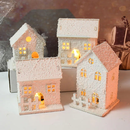 1pc Christmas Ornaments LED Lights Wooden House Luminous Cabin With Snow