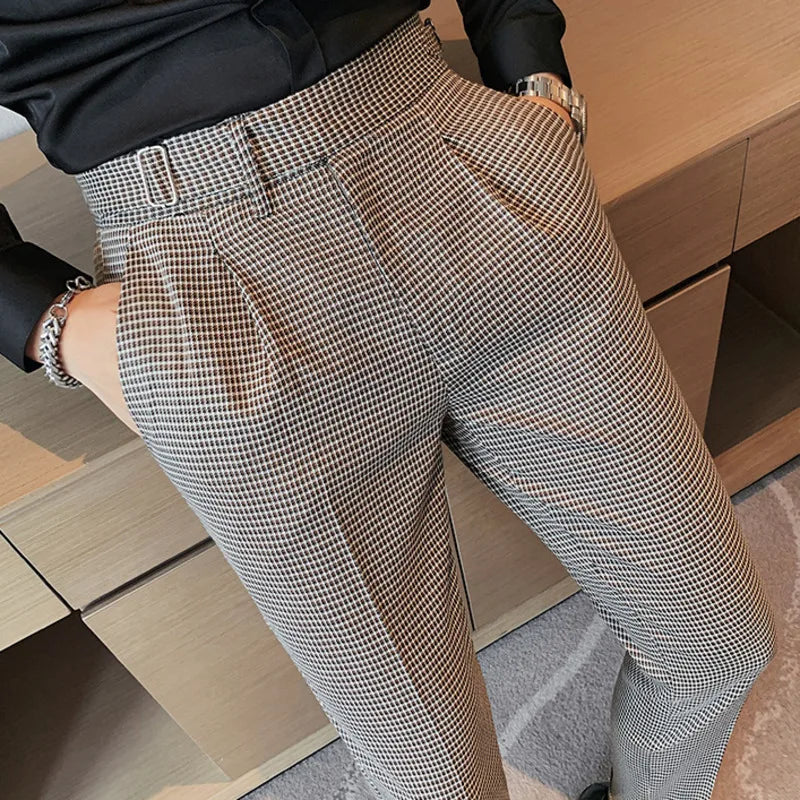 British Casual Men Dress Pant Thousand Bird Grid High Waist Straight Pants