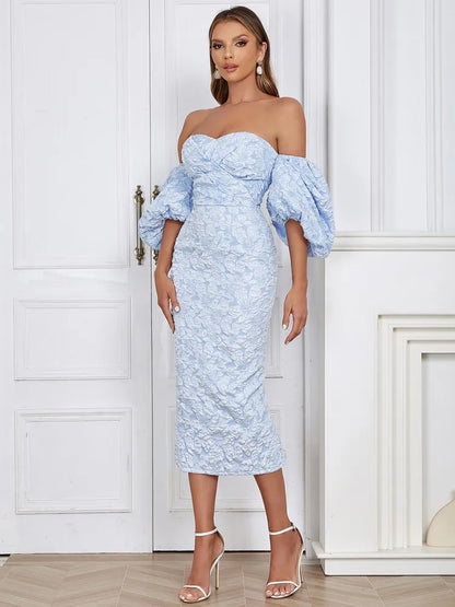 Sexy Puff Sleeve Flower Print Midi Slim Dress Women Sky Blue v Neck Floral