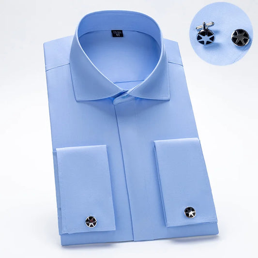 Windsor Collar French Cuff Dress Shirt Men's Long Sleeve Business Formal Shirts