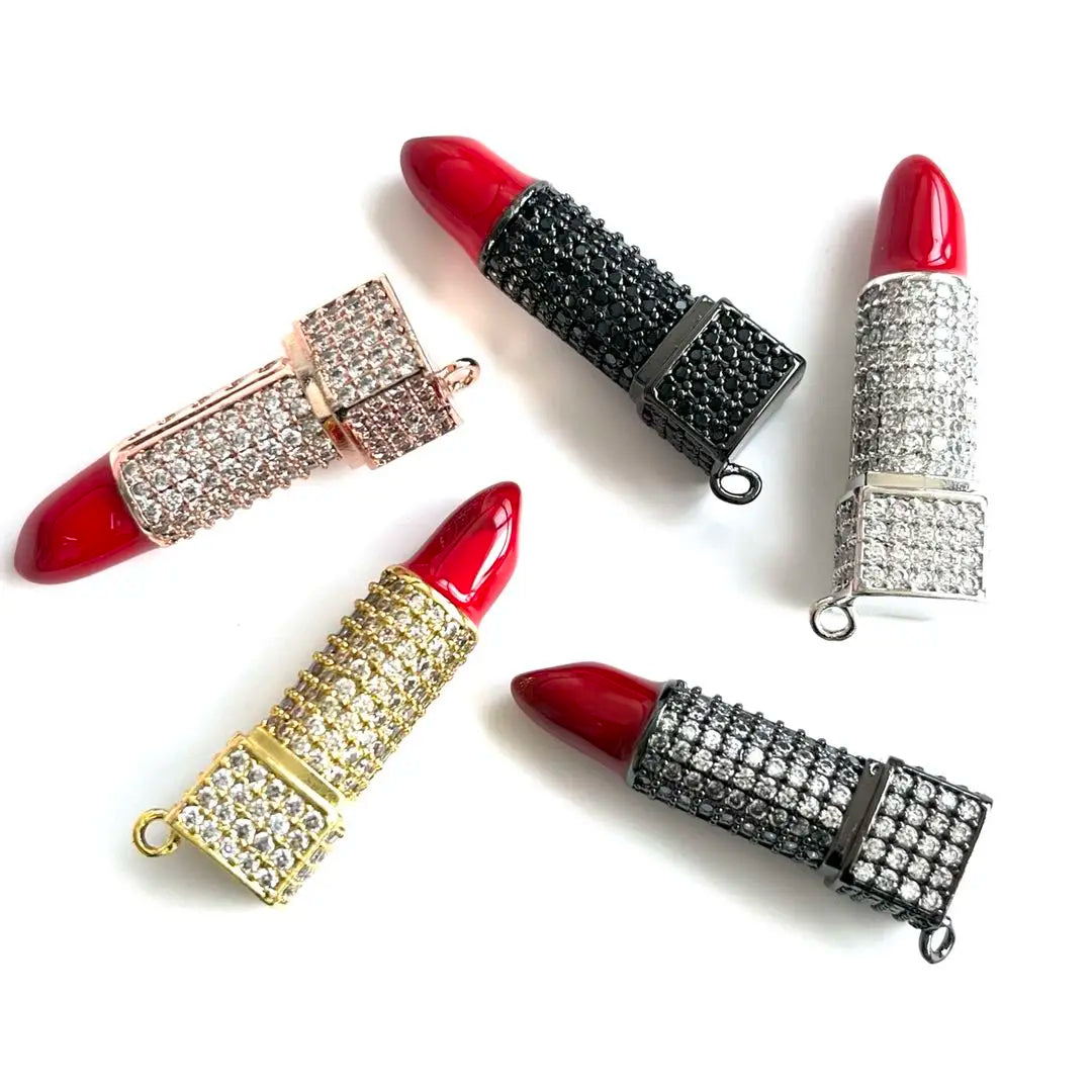 5Pcs Cubic Zirconia Pave Red Lipstick Pendant Charms for Women