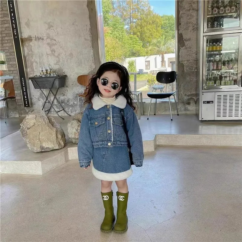 Korean Winter Suit for Girls Sets Thickened Warm Jacket+Denim Skirt Girls Top