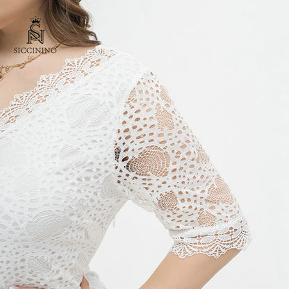 Fashionable Fall Wear Crew Neck Half Sleeve White Lace White