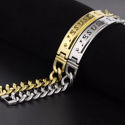 Men Link Chain Bracelets Engraved Jesus Bracelet Stainless Steel Jewelry