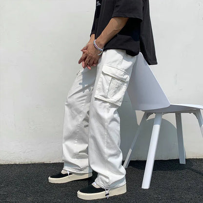 Black/White Cargo Pants Men Fashion Loose Straight Wide Leg Pants