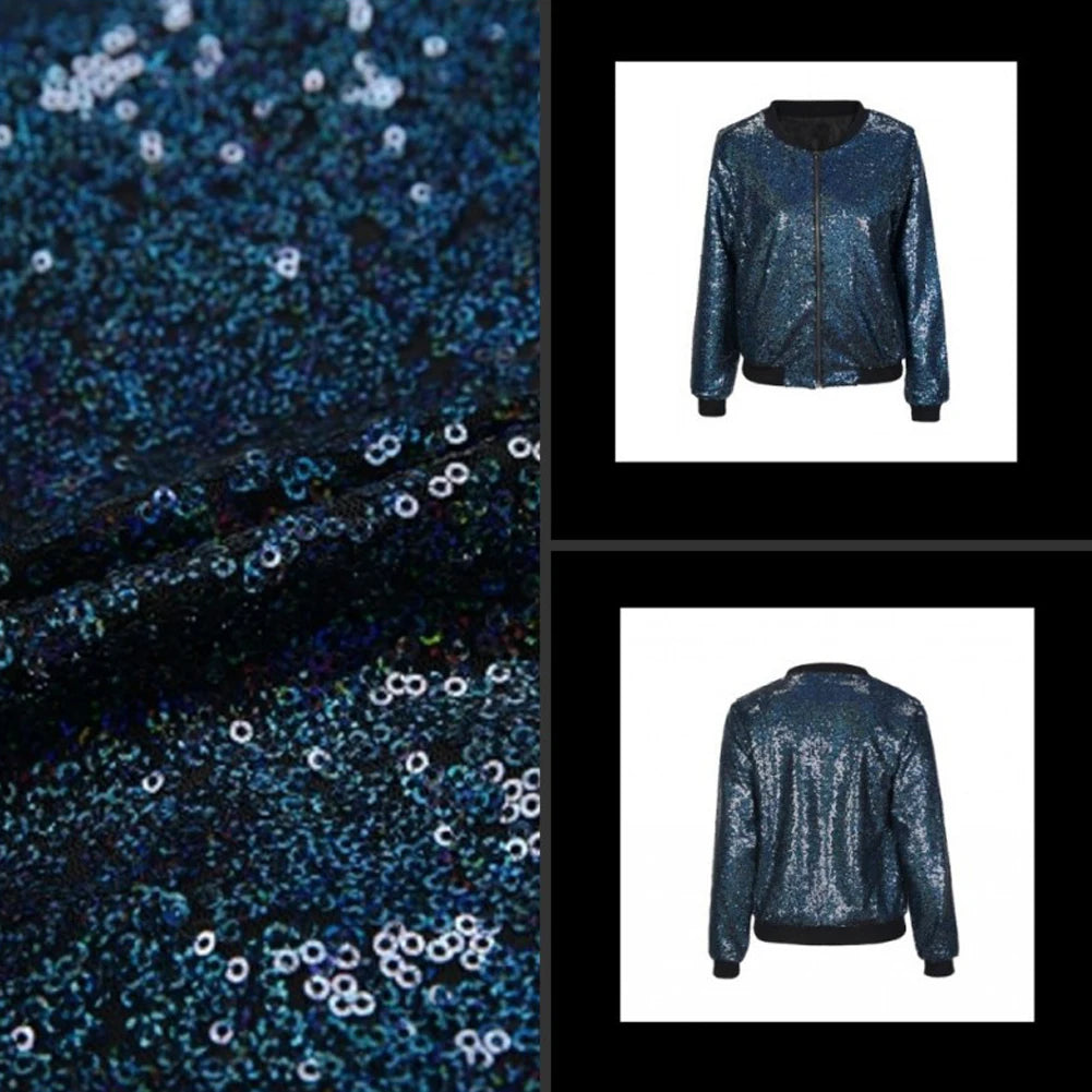 Women Sequin Coat Bomber Jacket Long Sleeve Zipper