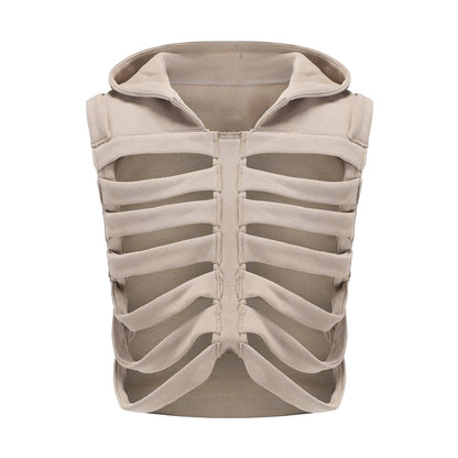 Women Vest Coat Chic Sleeveless Hooded Vest Hollowed Skeleton Hoodie