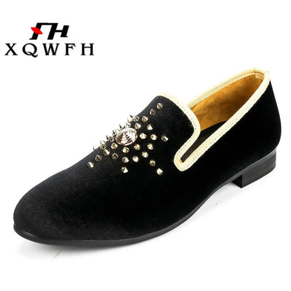 XQWFH Men Velvet Loafers Gold Top and Metal Toe Mens Dress Shoes Wedding Party