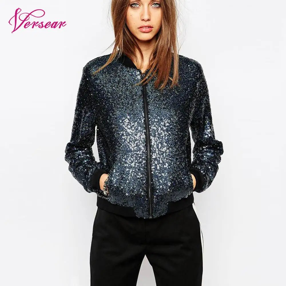 Women Sequin Coat Bomber Jacket Long Sleeve Zipper