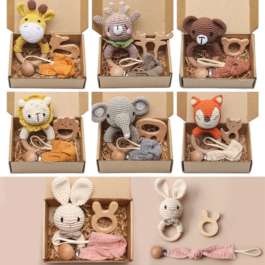 Let's Make 1Set Cute Elk Fox Baby Crochet Rattle Toys Sets Beech Wooden Teether