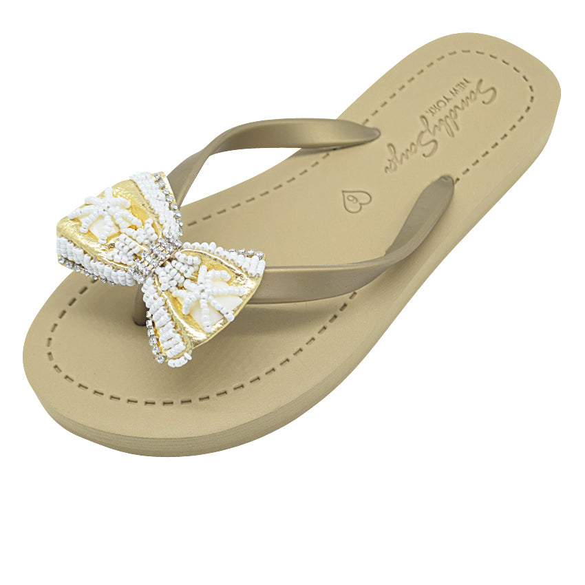 Gold & Pearl Bow  - Big Kids Flip Flops Sandal- Embroidered Motifs