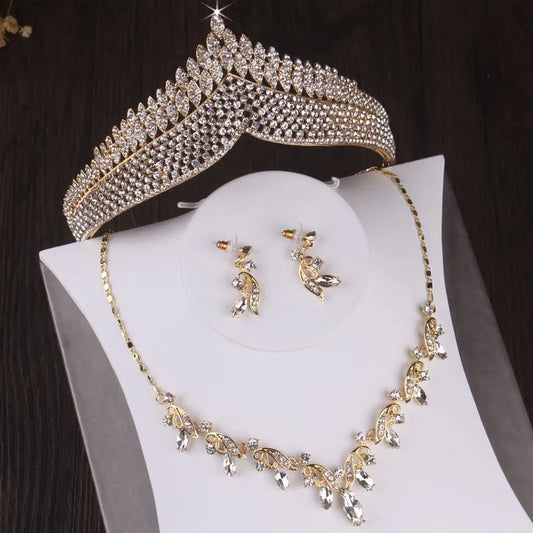 Baroque Vintage Gold Color Crystal Leaf Bridal Jewelry Sets Rhinestone Crowns