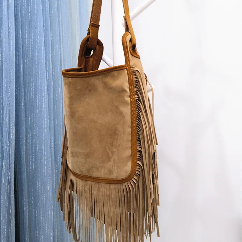 Women Fashion Leather Fringes Hobo Shoulder Bag 2024 Female Casual Suede Big