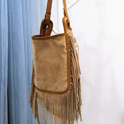 Women Fashion Leather Fringes Hobo Shoulder Bag 2024 Female Casual Suede Big