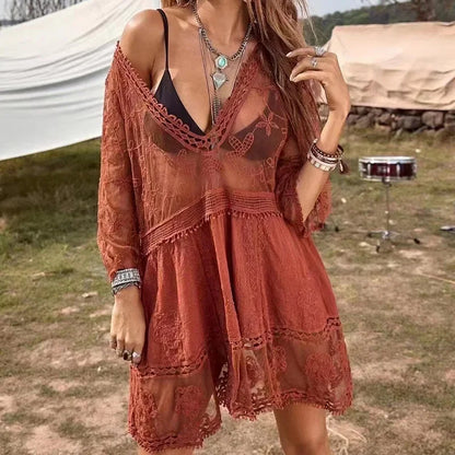 Boho Inspired 2023 Bikini Cover-Ups Tunic Sexy V-Neck Half Sleeve Summer