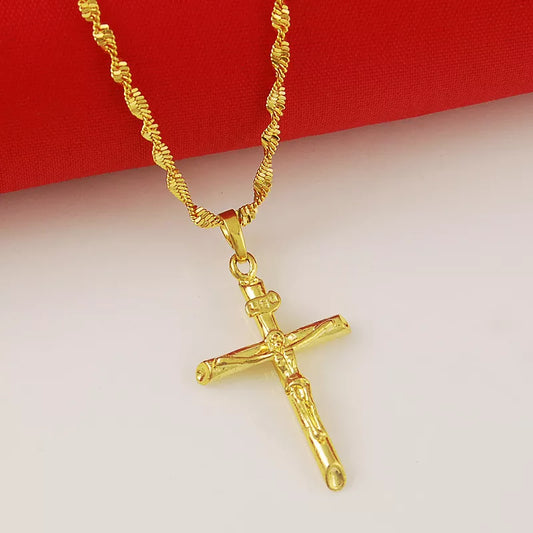 Real 24K Gold Color Cross Pendant & Necklace for Men/Women Gold Chain Religious