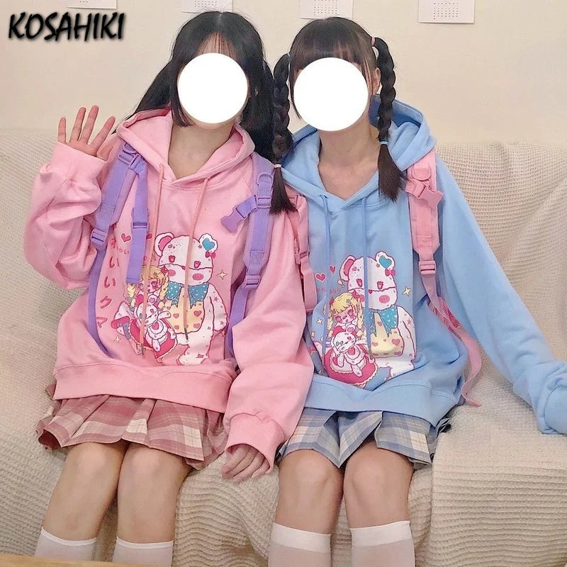 KOSAHIKI Harajuku Japanese Anime Bear Hoodies Women Spring  Cute Pullovers