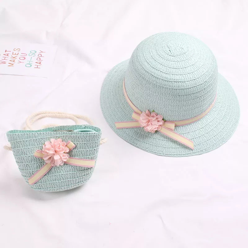 Summer Baby Flower Breathable Hat Straw Hat With Handbag Bags Kids Hat Girls