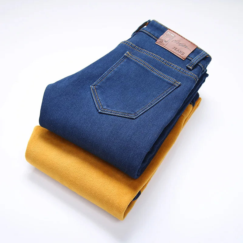 Winter Jeans Men Blue Color Slim Fit Stretch Thick Velvet Pants Warm