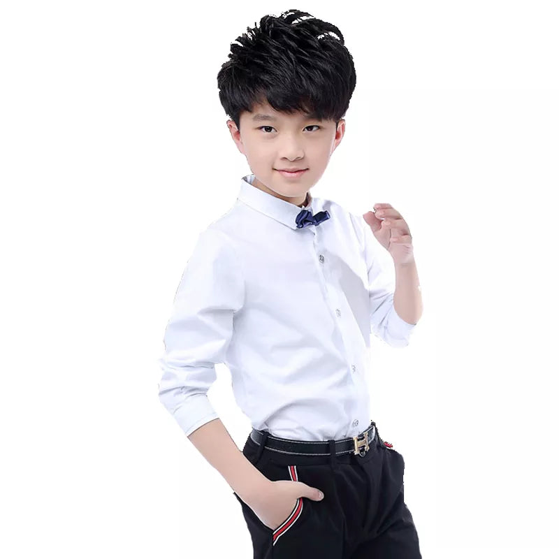 New Children Boys Shirts Cotton Solid Black&White Shirt With Tie Boys for 3-15