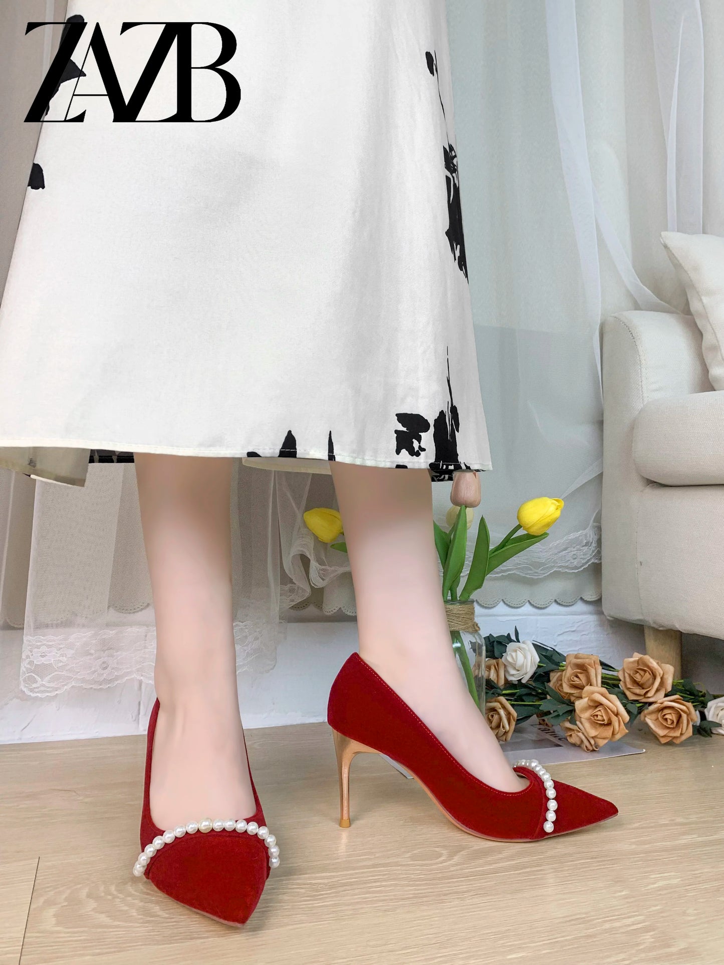 ZA Luxury Red Woolen Fabric Formal Office for Ladies High Heel Shoes Women