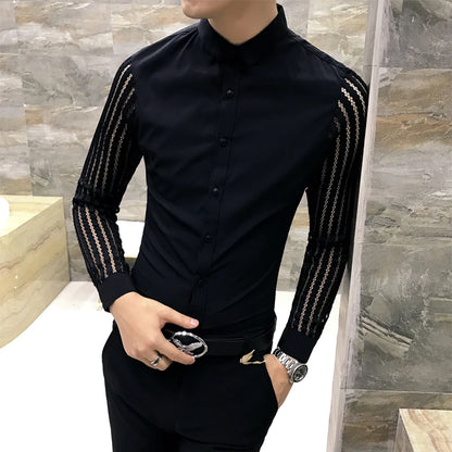 Men Shirt 2023 Spring Hollow Lace Patchwork Long Sleeve Shirt