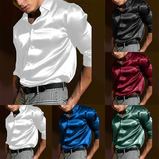 Men's Satin Silk Shirts Long Sleeve Turn-Down Collar Shirts