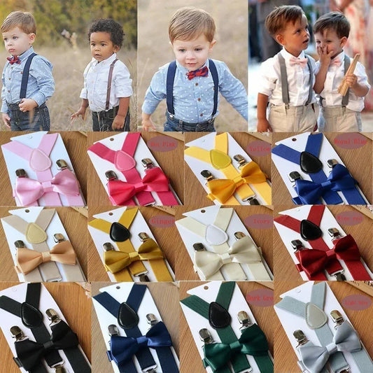 Kids Elastic Suspenders Bow Tie Set Matching Tuxedo Suit Unisex Boy Girl Bowtie