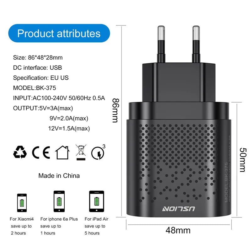 USLION EU/US Plug USB Charger for iPhone 11 Samsung Xiaomi 4 Port 48W