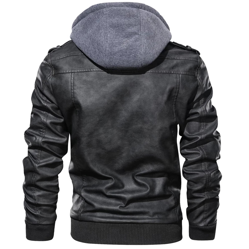 Men's Autumn Winter Motorcycle Leather Jacket Windbreaker Hooded Jackets