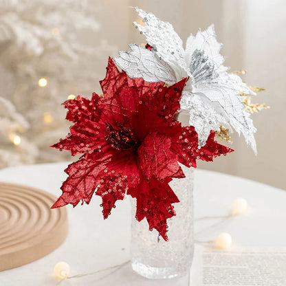 Handcraft Glitter Large Decor Poinsettia Fake Flowers for DIY New Year