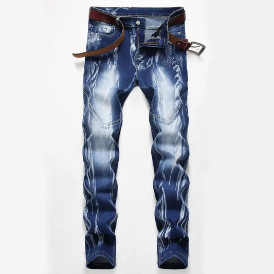 Snow Washed Patchwork Men's Straight Elastic Vintage Patch Slim Denim Jeans