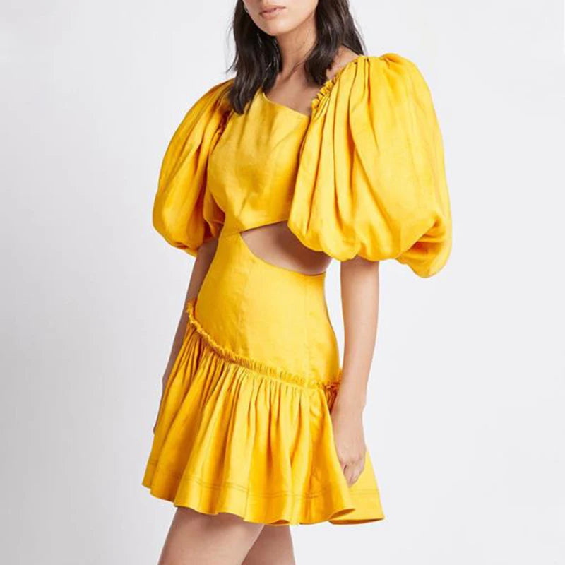 VGH Yellow Casual Dress for Women Skew Collar Puff Half Sleeve