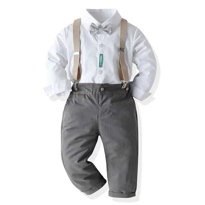 Kids Baby Boy Gentleman Suits Formal Cotton Long Sleeved Bow Tie+ Shirt+