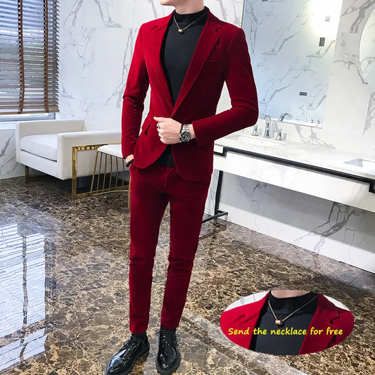 Elegant Wine Red Suits Mens Velvet Luxury Suits for Mens Groom