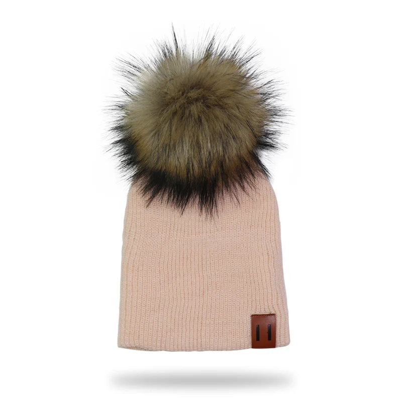 Winter Kids Boy Girl Leather Labled Knitted Artificial Raccoon Pompom Hat