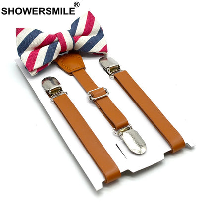 SHOWERSMILE Kids Suspenders With Bow Tie Leather British Style Boys Suspenders