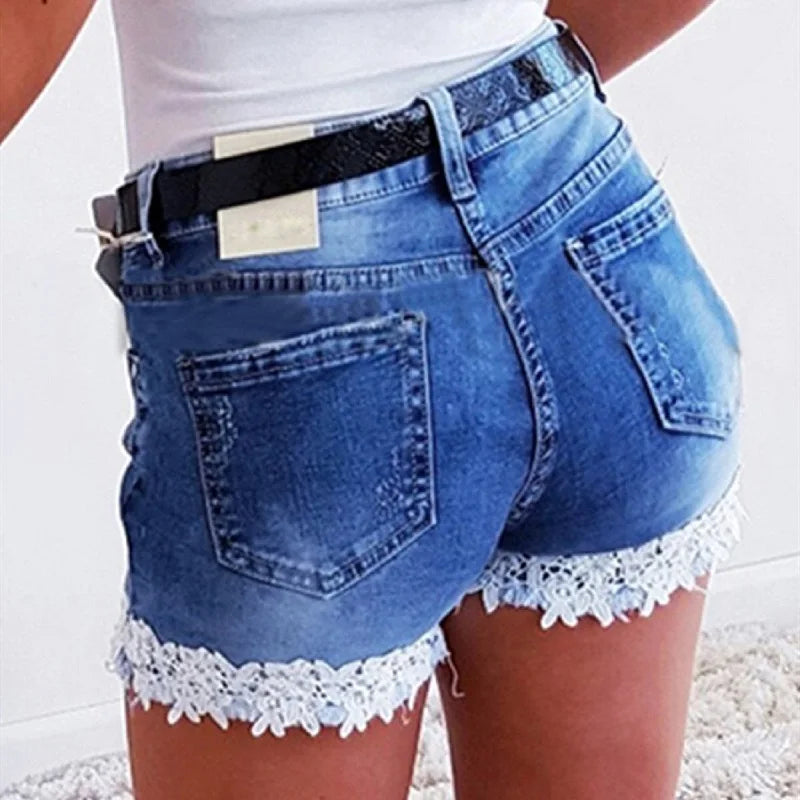 Women Slim Denim Shorts Stretch Lace Stitching Jeans Shorts Regular Short