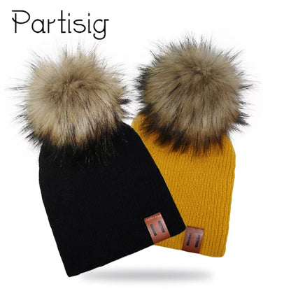 Winter Kids Boy Girl Leather Labled Knitted Artificial Raccoon Pompom Hat