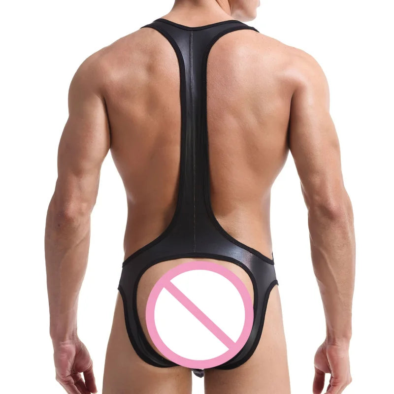 Sexy Mens Undershirts Jockstrap Mesh Leather Jumpsuits Wrestling Singlet