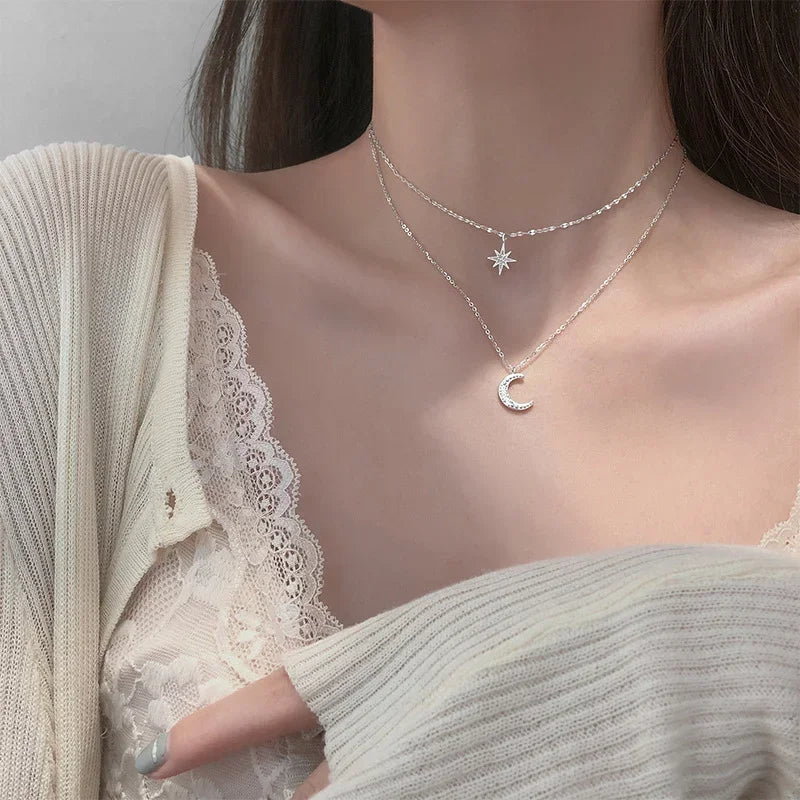 925 Silver Necklace for Women Double Layer Zircon Star Moon Pendant Necklace