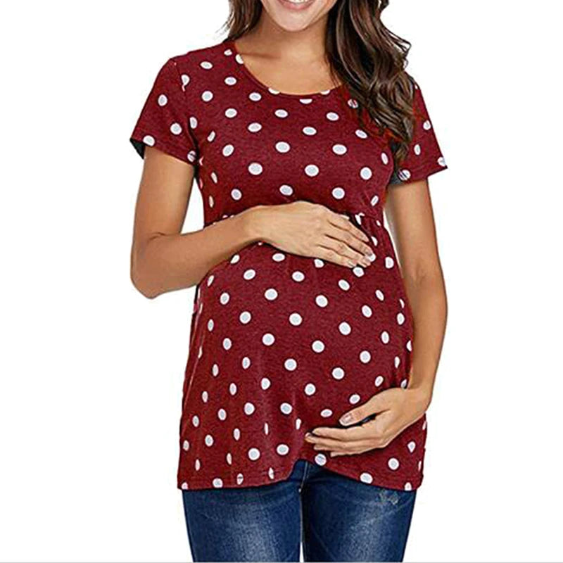 Women Pregnancy Casual T Shirt Maternity Short Sleeve Dot Print Tees Tops