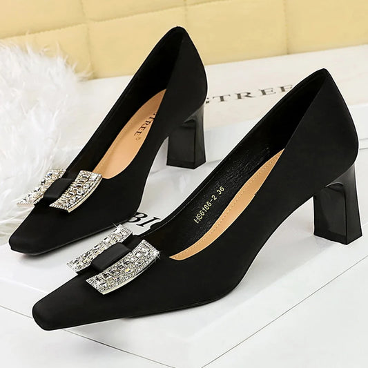 BIGTREE Shoes Square Head Women Pumps Rhinestone Kitten Heels High Heels Shoes