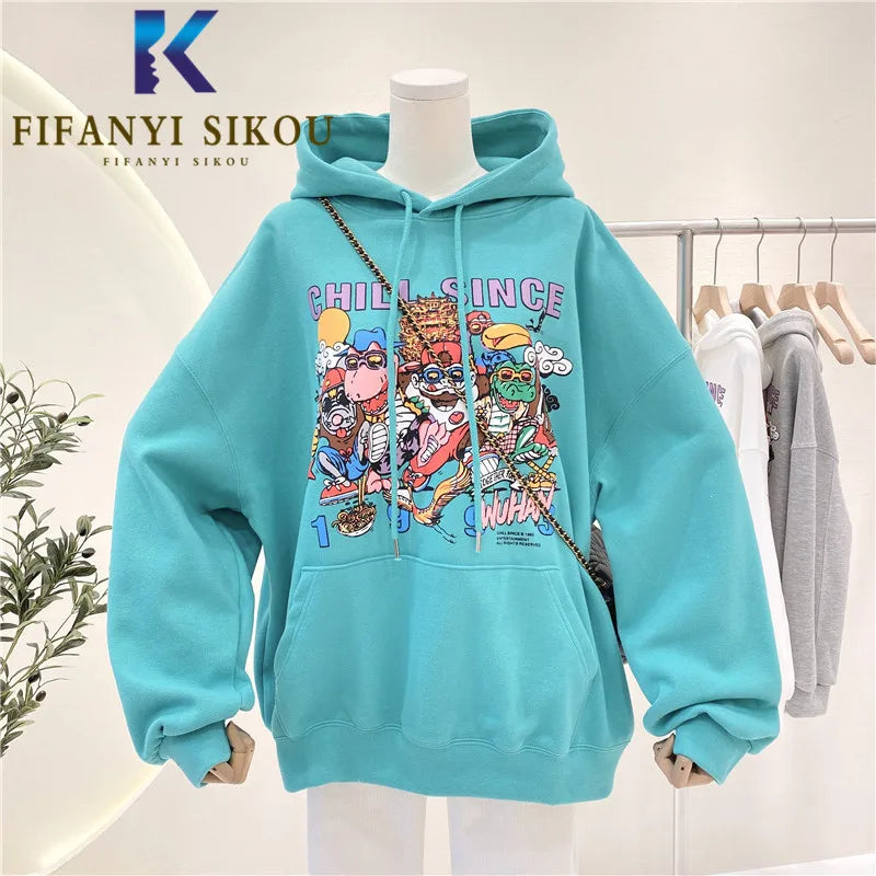 Cartoon Print Hoodies Women Spring Autumn Sweatshirt Fashion Pullover